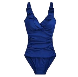 LAUREN RALPH LAUREN Beach Club Ruffle Indigo Blue LR7DB10M one piece sz 14 NWT